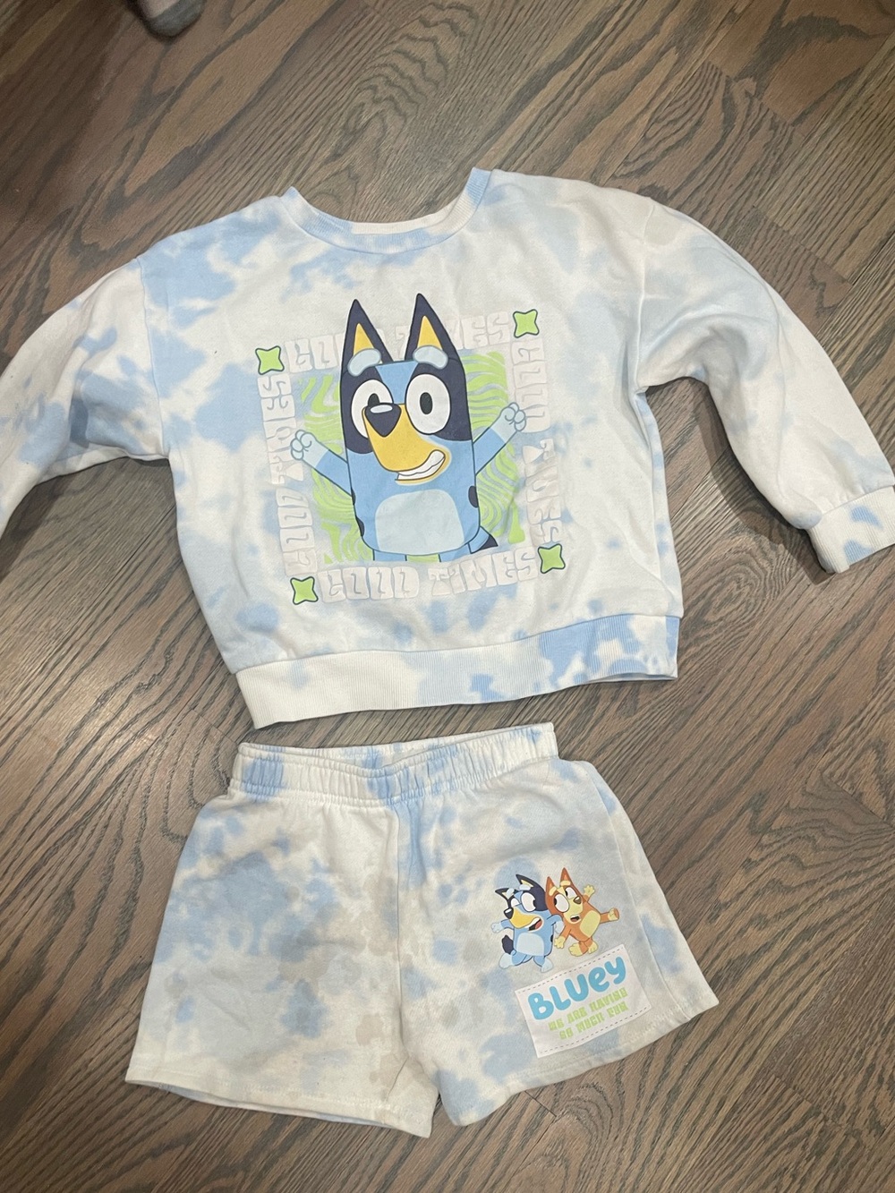 Kids Blue & Cream Tie-Dye Bluey Pajama Set with Long Sleeve Top and Shorts